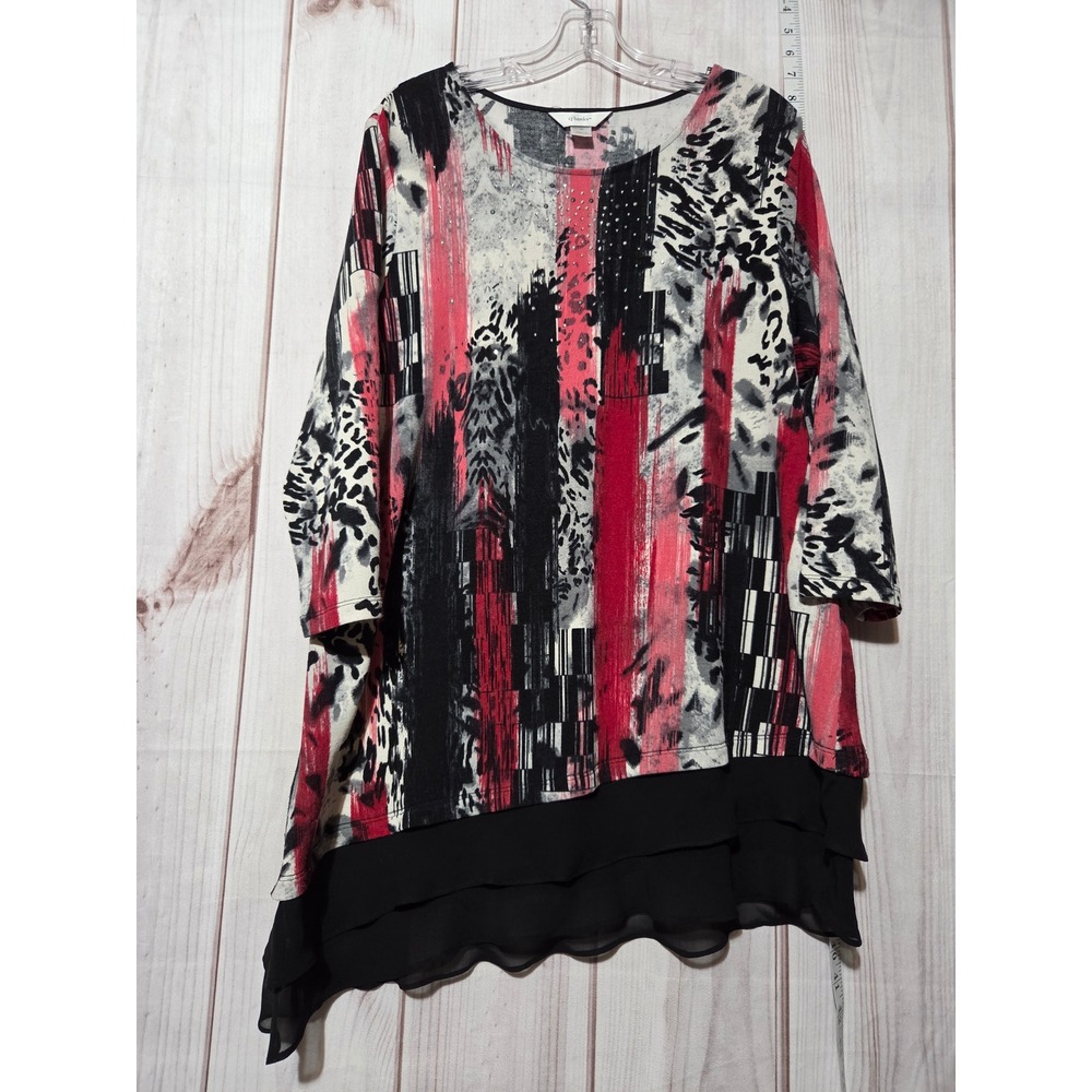 Ladies 1x Red Abstract Print Tunic Top with Rhinestones and Asymmetrical Hem